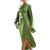 Robe Maxi Asymétrique en Satin Vert