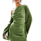 Robe Maxi Asymétrique en Satin Vert